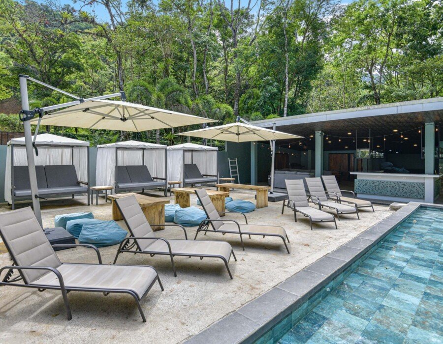 private tends, chairs, swimming pool in seven ranch