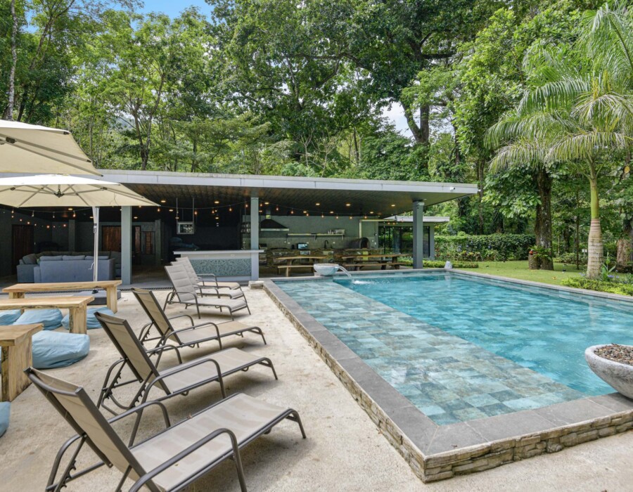 Pool with palm trees, lounge area at Seven Ranch