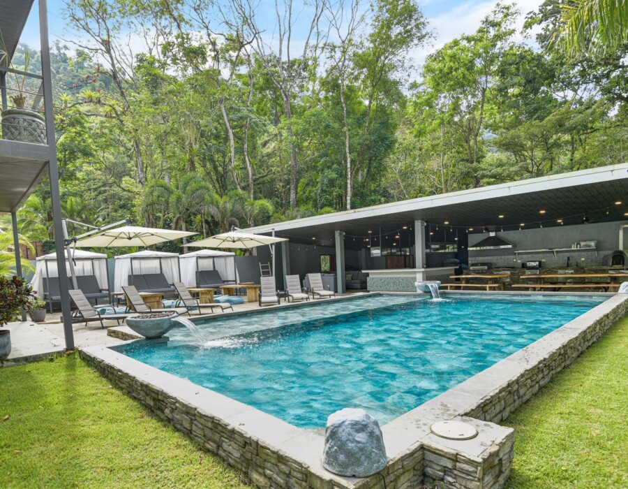 Swimming pool, with chairs, tents, outdoor living room, mini bar, BBQ area, in Seven Ranch