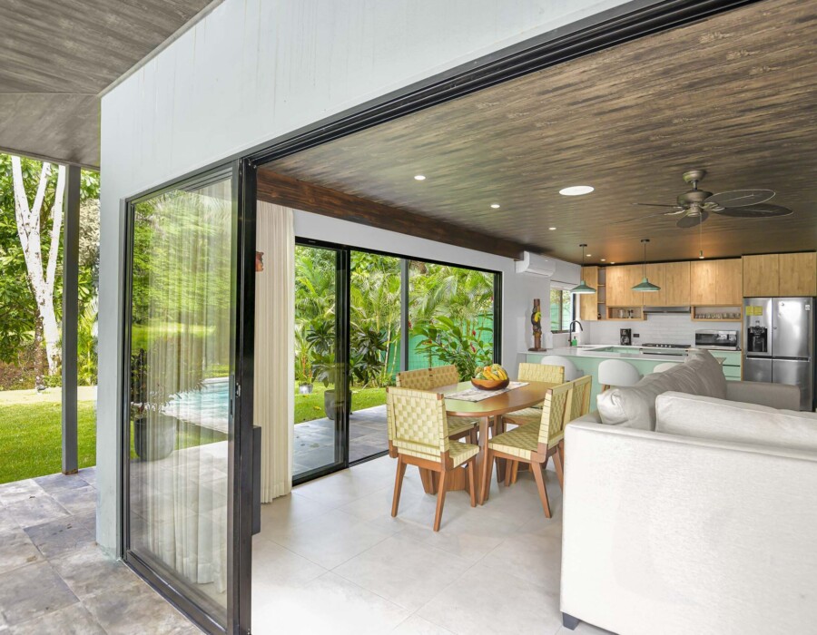 View from outside of the living room, dining room, and kitchen at Seven Ranch