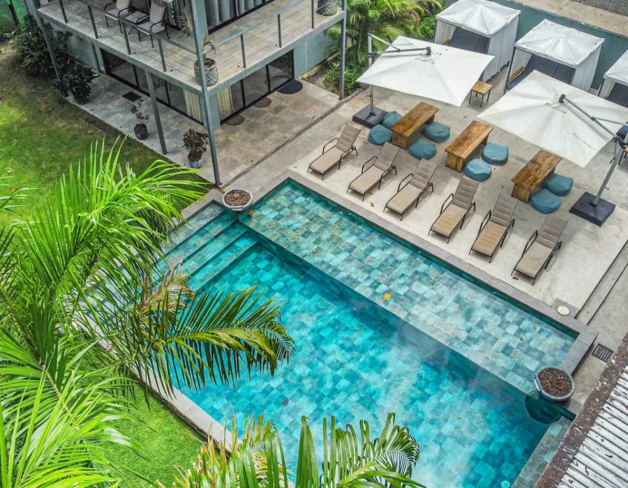 Stunning aerial view of the house, pool, and garden at Seven Ranch