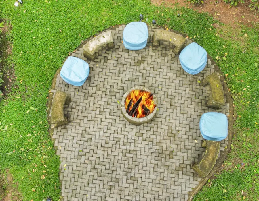 Drone view of the fire pit area at Seven Ranch