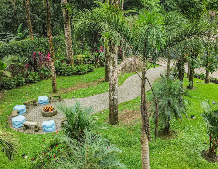 Aerial view of the garden and fire pit area at Seven Ranch