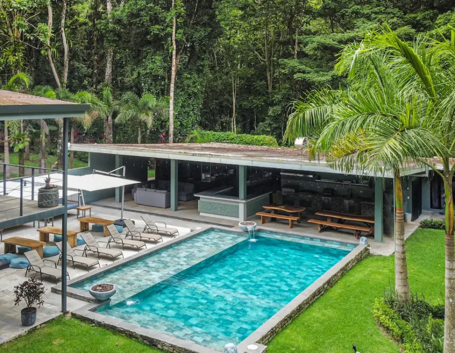 Aerial view of the full garden and house at Seven Ranch