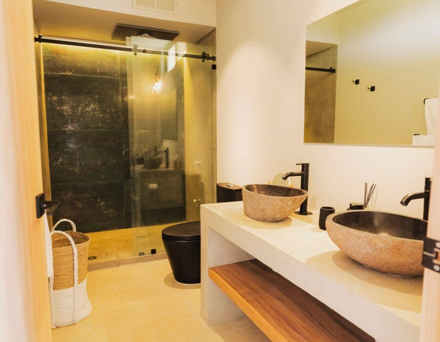 Minimalist bathroom with natural light in Playa Hermosa luxury villa