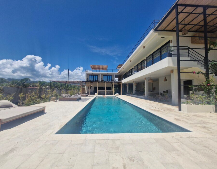 View of pool facing modern villa architecture near Jaco Costa Rica