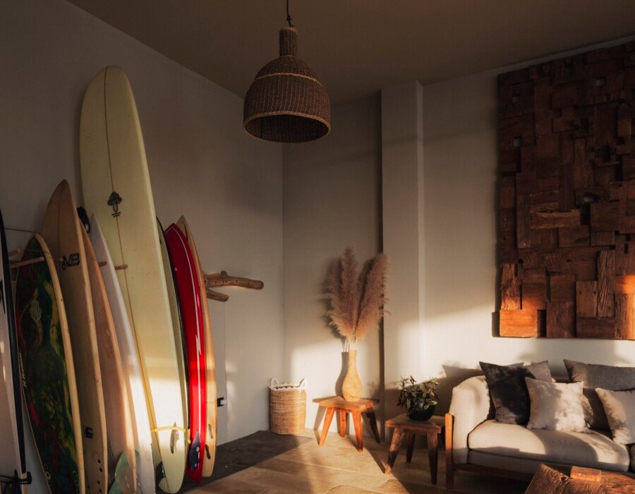 Surfboard display inside luxury villa in Costa Rica