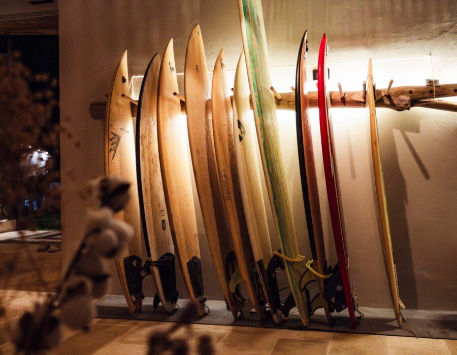 Surfboard storage inside living area of beachfront villa near Jaco Costa Rica
