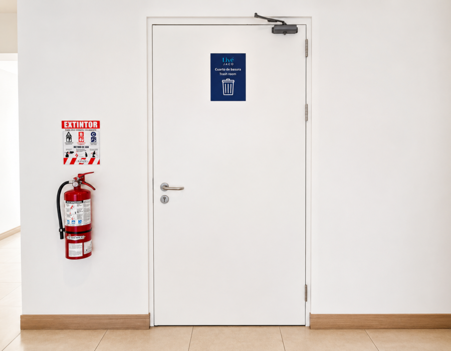 Fire extinguisher and waste disposal area at Casa Live 1708