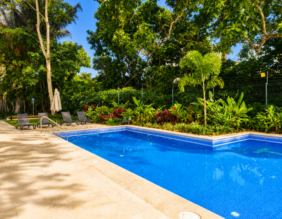 Outdoor swimming pool surrounded by tropical greenery at Casa Live 1708